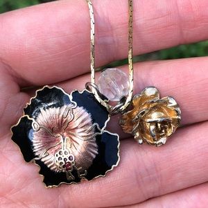 Vintage charm necklace - pink black gold floral